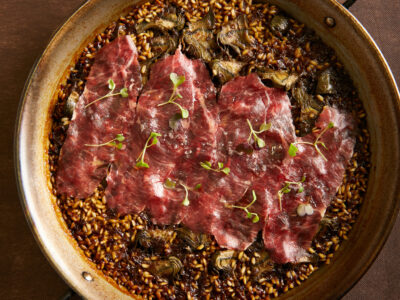 Arroz de carxofa y carpaccio de chuleta Arroz de carxofa y carpaccio de chuleta